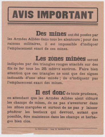 "Avis important : des mines ont été posées par les armées alliées dans tous les alentours"