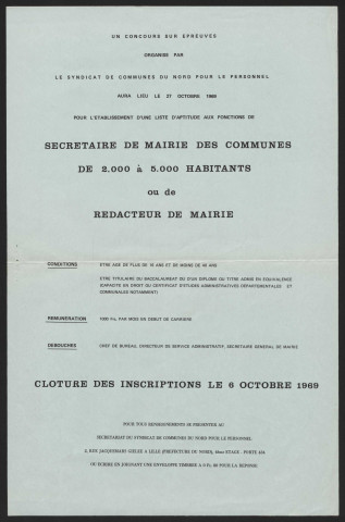 Syndicat de communes du Nord pour le personnel. Publicité pour le concours de secrétaire de mairie ou de rédacteur de mairie.