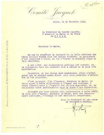 Lettre du Comité Jacquet adressé à la municipalité pour demander une subvention pour la réalisation d'un monument en l'honneur des fusillés lillois. 20 novembre 1920. Archives municipales de Lille - 1D/5/3233