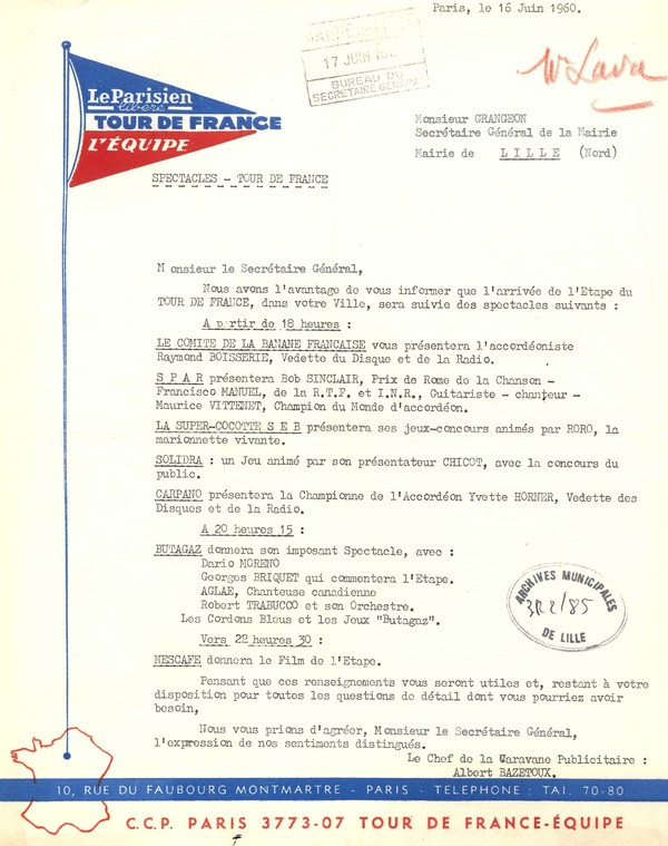 Courrier des organisateurs du Tour de France relatif au programme du Grand Gala adressé au secrétaire général de la Mairie, Léon Grangeon, le 16 juin 1960 - Archives municipales de Lille - 3R/2/85