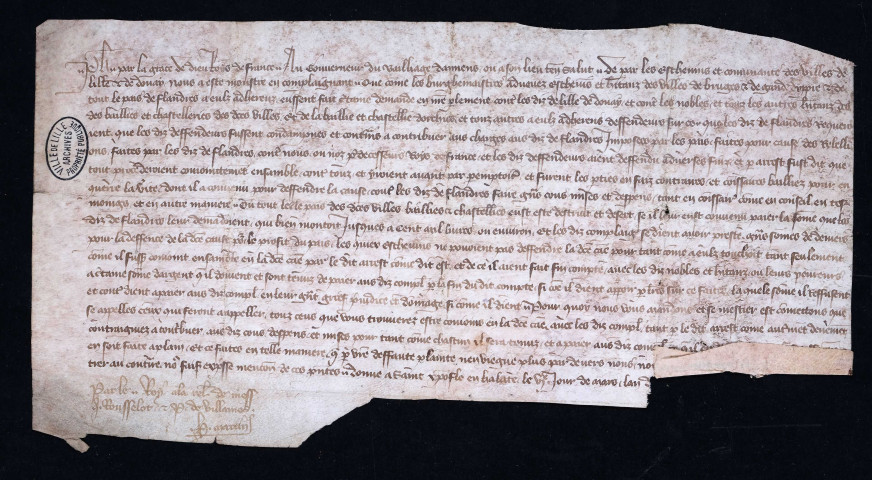 Commission royale au gouverneur du bailliage d'Amiens pour juger le différend entre Lille, Gand, Bruges et Ypres au sujet de la contribution des rebelles (6 mars 1342).