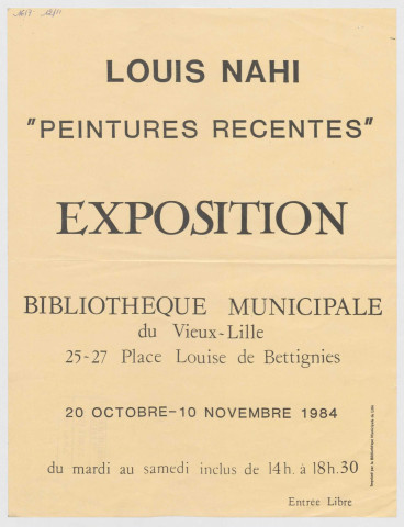 Bibliothèque municipale du Vieux-Lille. Louis Nahi "Peintures récentes". Exposition.