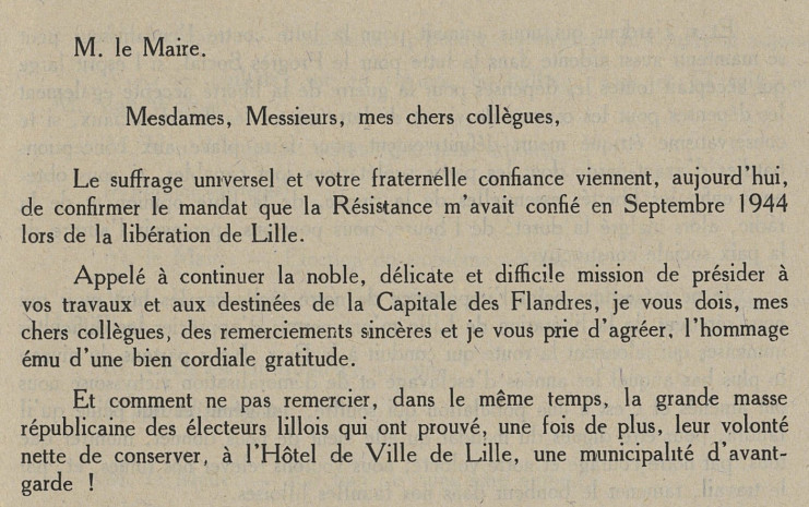 Extrait du discours du Maire lors de la séance du 19 mai 1945  Archives municipales de Lille - 1D/2/146