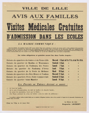 Visites médicales gratuites d'admission dans les écoles. Avis du 22 août 1963.