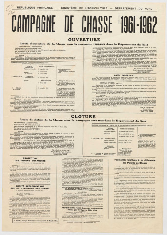 Ministère de l'Agriculture. Campagne de chasse 1961-1962. Ouverture et clôture.