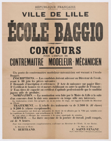 Ecole Baggio. Concours de contremaître-modeleur-mécanicien.