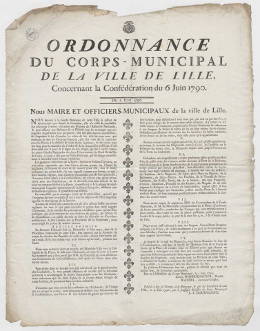 Ordonnance du corps municipal de la Ville de Lille concernant la fête de la confédération