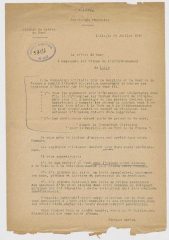 Arrêtés et circulaires, du 20/05/1940 au 31/10/1940.