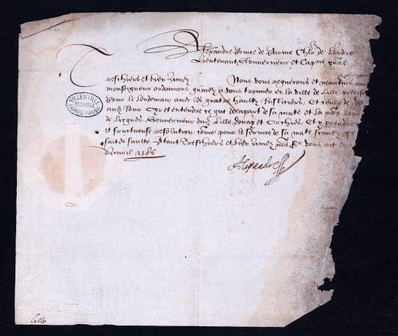 Lettres à cachet d'Alexandre Farnèse, duc de Parme, gouverneur des Pays-Bas, convoquant l'échevinage à la conférence devant se tenir à Lille avec la participation du sr de Licques, gouverneur de Lille (avril 1586).