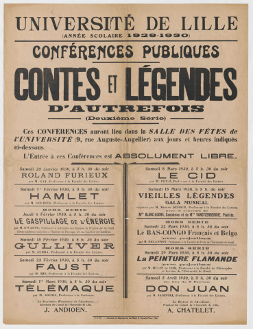 Université de Lille. Année scolaire 1929-1930. Conférences publiques sur les contes et légendes d'autrefois.