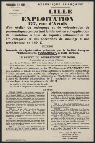 Arrêté préfcetoral. Exploitation 177 rue d'Artois, d'un atelier de rechapage et de vulcanisation de pneumatiques.