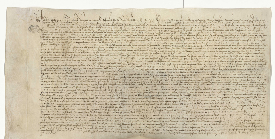 Main-levée de la saisie de la châtellenie de Lille, de la seigneurie de La Boutillerie et de celle d'Haubourdin au profit de Pierre de Luxembourg, comte de Brienne, fils du défunt comte de Saint-Pol, en exécution du privilège de non-confiscation, et de la seigneurie de « Borgueval » en Brabant, revenant audit Pierre du chef de sa mère Jeanne de Bar, première femme du défunt (27 mars 1477).