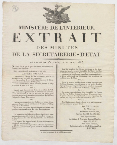 Ministère de l'Intérieur: extrait des minutes de la secrétairerie d'Etat