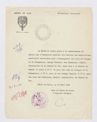 Mairie de Lille. Assemblée générale pour l'aménagement des rues de Pologne, Madagascar, Lesage-Senault, des Dondaines, Képler, Traversière et du Chemin de Fer. Avis du 29 mars 1954.