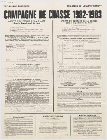 Ministère de l'Environnement. Campagne de chasse 1982-1983.