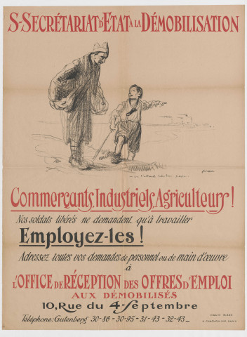 Sous-secrétariat d'état à la démobilisation. Publicité pour encourager les patrons à réembaucher les soldats libérés par l'intermédiaire de l'office de réception des offres d'emploi aux démobilisés.