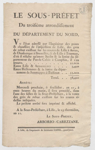 Vente de grès de rebut provenant des routes de Seclin à Camphin-Carembault, de Lille à Armentières, d'Hellemmes à Baisieux