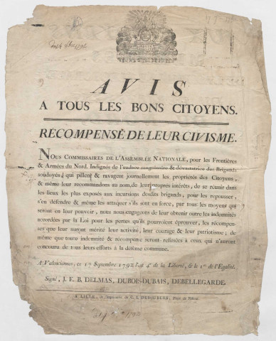 Avis à tous les bons citoyens . Attribution de récompenses pour leur civisme dans leur lutte contre les brigands aux frontières