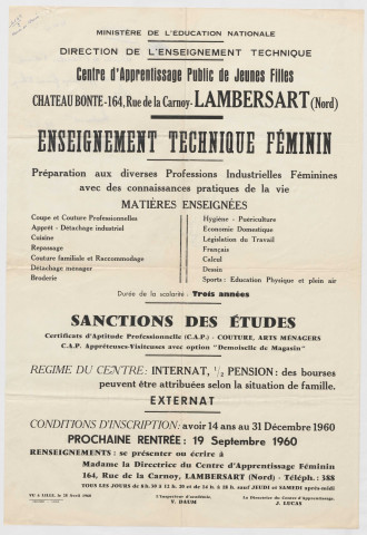 Direction de l'enseignement technique de Lambersart. Centre d'apprentissage public de jeunes filles. Renseignement concernant la scolarité.