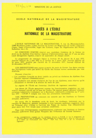Ministère de la Justice. Ecole de la magistrature. Conditions d'accès.