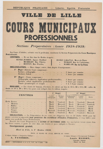 Ecole Jussieu, Michelet, Buffon, Lakanal, Turgot, Rabelais. Cours municipaux professionnels, sections préparatoires, cours d'adultes de promotion sociale. Horaires pour l'année 1938-1939.
