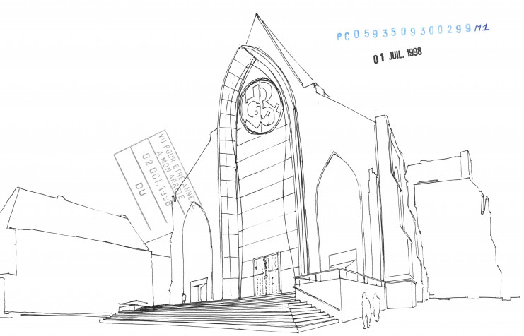 Dessin de la façade de la cathédrale conservé dans le dossier de permis de construire, constitué par l’agence Pierre Louis Carlier architectes. Archives municipales de Lille – 728W3489