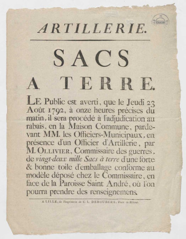 Lille en la maison commune Artillerie : adjudication  de 22 000 sacs à terre en toile d'emballage