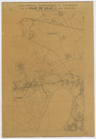 Plan général d'aménagement et d'extension de la ville de Lille et des environs, établi en 1920 sous l'administration Delory par Lemoine, ingénieur en chef des Ponts et chaussées, directeur des travaux municipaux. Numérotation de 1 à 4, manquant n°3 avec double des n°1 et n°4, 5 pièces.