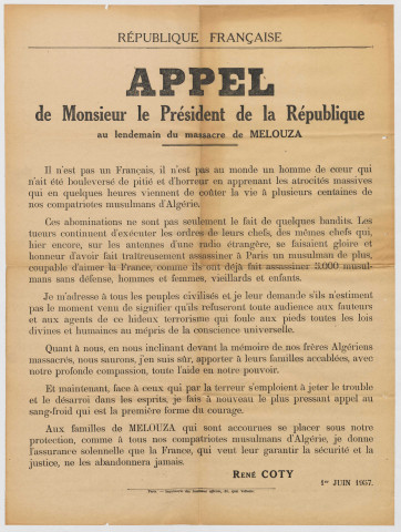 Appel de M. le président de la République au lendemain du massacre de Melouza.