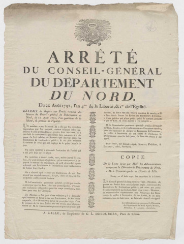 Arrêté du Conseil Général du département du Nord concernant le serment des instituteurs et institutrices