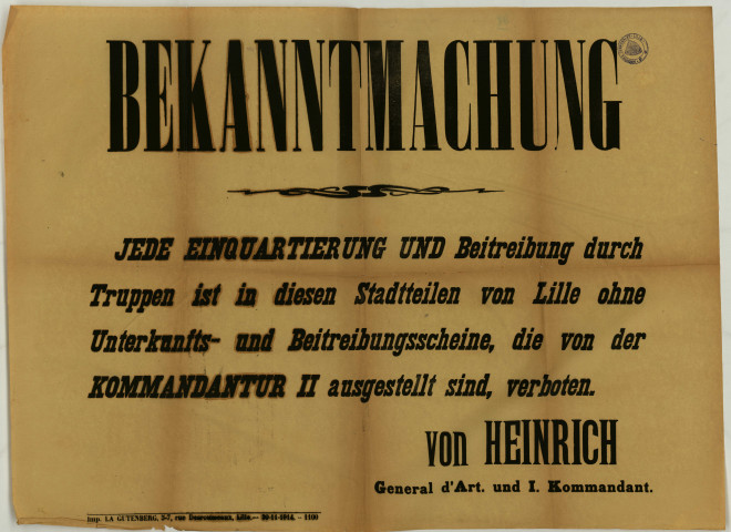 Logement des troupes allemandes. - Réglementation: 1 affiche