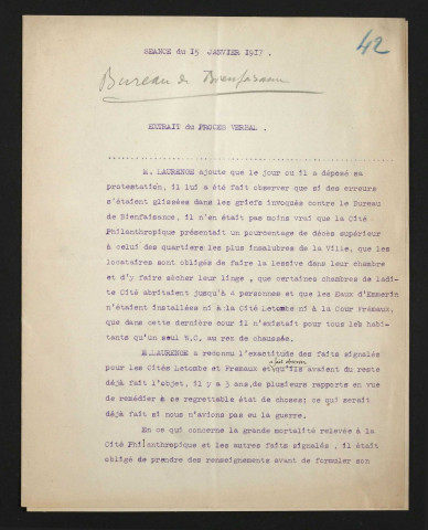 Cité philanthropique. Extrait du procès-verbal de la séance du 15 janvier 1917