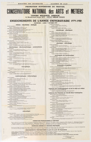 Conservatoire National des Arts et Métiers. Promotion supérieure du travail. Enseignements de l'année universitaire 1979-1980. Horaires pour chaque discipline.