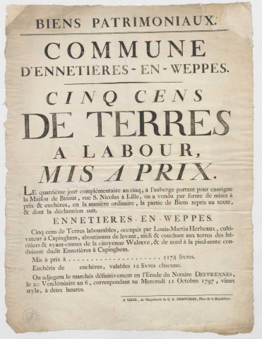 Lille, Auberge Binaut, rue Saint-Nicolas. Vente aux enchères de 5 cens de terres à labour situés à Ennetières-en-Weppe