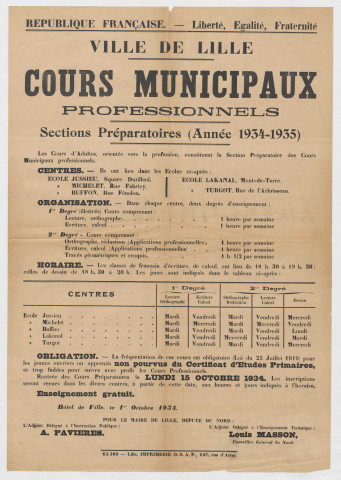 Ecole Jussieu, Michelet, Buffon, Lakanal, Turgot. Cours d'adulte de promotion sociale et préparation à une profession. Année 1934-1935. Horaires et informations générales.