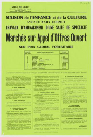 Travaux d'aménagement d'une salle de spectacles à la maison de l'enfance et de la culture, avenue Marx Dormoy. Marchés sur appels d'offres ouvert le 18 juin 1986.