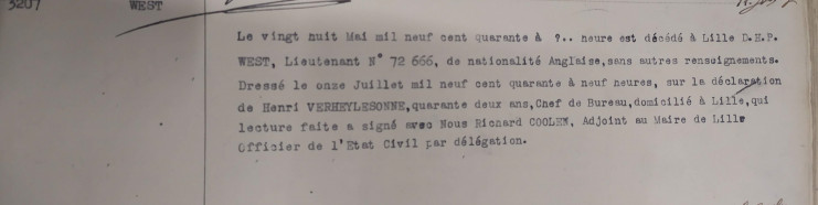 Acte de décès du lieutenant West extrait du registre des décès de l’année 1940 - Service état-civil de la ville de Lille.