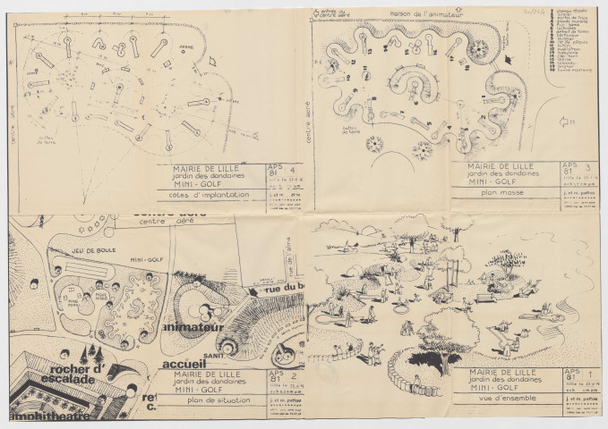 Vue d'ensemble, mini-golf, abri-bar public, sanitaire, écurie, rocher d'escalade.
