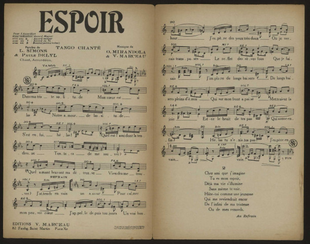 Espoir, paroles Simons et Paule Delyl, musique O. Mirandola et V. Marceau