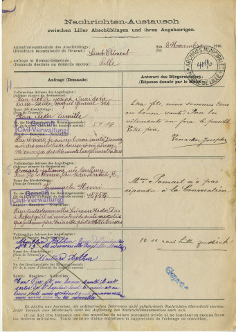 Echange de messages entre les Lillois évacués à Saint-Clément (Aisne) et leurs familles restées à Lille en novembre 1916