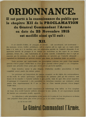 Lutte contre l'espionnage et la Résistance. - Modification de la proclamation du 25 novembre 1915: 1 affiche