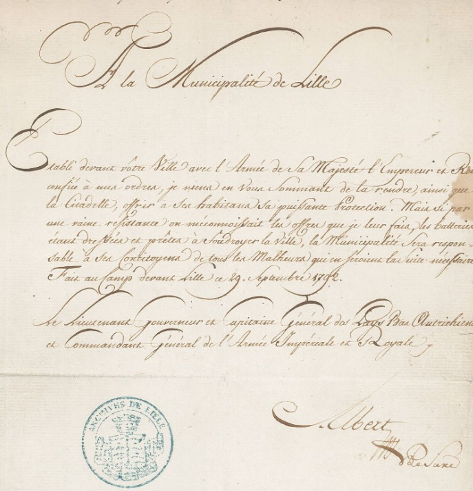 Sommation d'Albert de Saxe du 29 septembre 1792 - Archives municipales de Lille - 18053