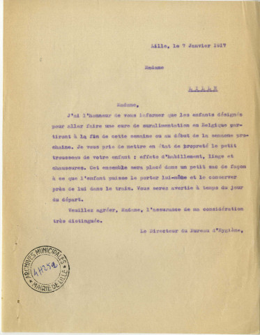 Lettre du directeur du bureau d'hygiène aux mères des enfants partant pour une cure de suralimentation en Belgique en janvier 1917