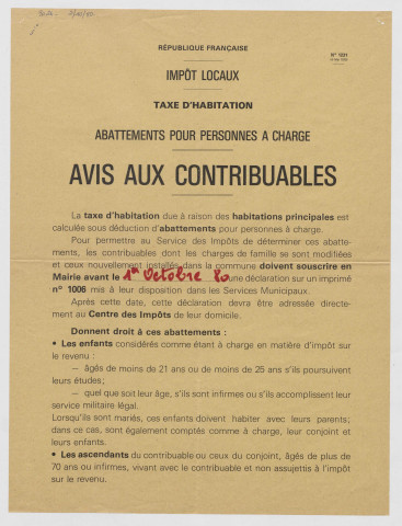 République française. Impôts locaux. Taxe d'habitation. Abattements pour personnes à charge, avis aux contribuables.