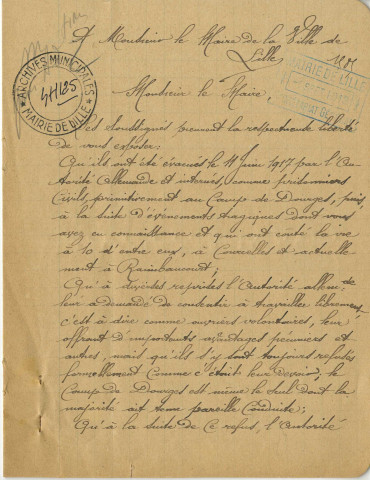 Lettre d'un groupe de travailleur forcé à Charles Delesalle en septembre 1918