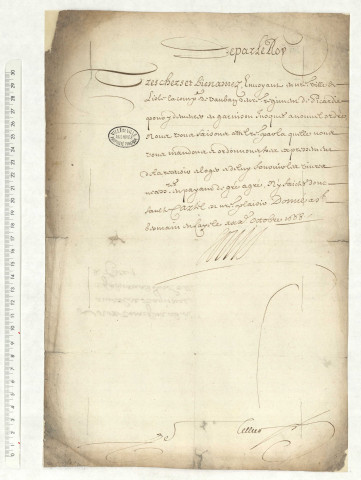 Lettre à cachet de Louis XIV au Magistrat pour le logement de la compagnie de Vauban du régiment de Picardie.