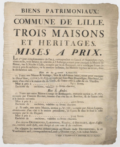 Lille, auberge Binaut, rue Saint-Nicolas. Vente aux enchères de trois maisons et héritages situés rue de la grande Chaussée et rue Saint-André