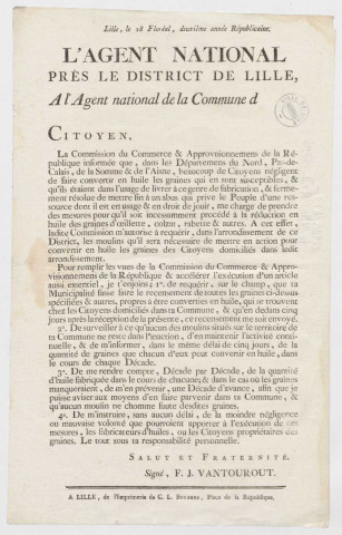 Adresse de l'agent national auprès du district de Lille à l'agent national de la commune de Lille au sujet des mesures à prendre propres à la conversion en huile des graines d'oeillette, colzat, rabette et autres