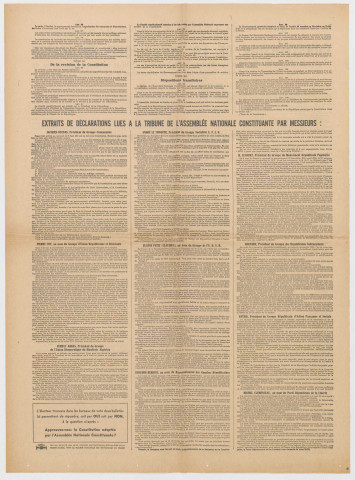 Constitution de la République Française adoptée par l'Assemblée Nationale Constituante le 29 septembre 1946 et soumise à l'approbation du corps électoral des citoyens français par voie de référendum le 13 octobre 1946.