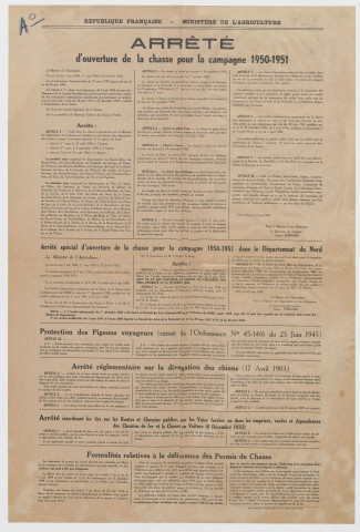 Arrêté d'ouverture de la chasse pour la campagne 1950-1951.